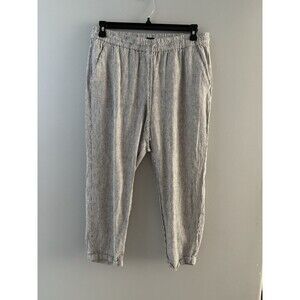 J Crew Pants Linen Blend Sz 12 Black White Striped Pull On Ankle Cuffed Coastal